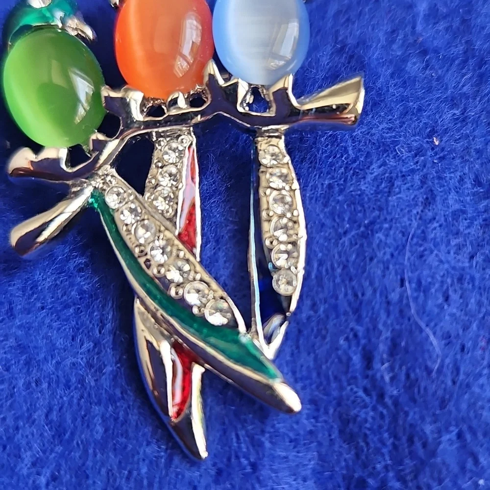 Vintage Jelly Belly And Rhinestones Parrots On A Branch Brooch Silvertone EUC - Picture 5 of 7